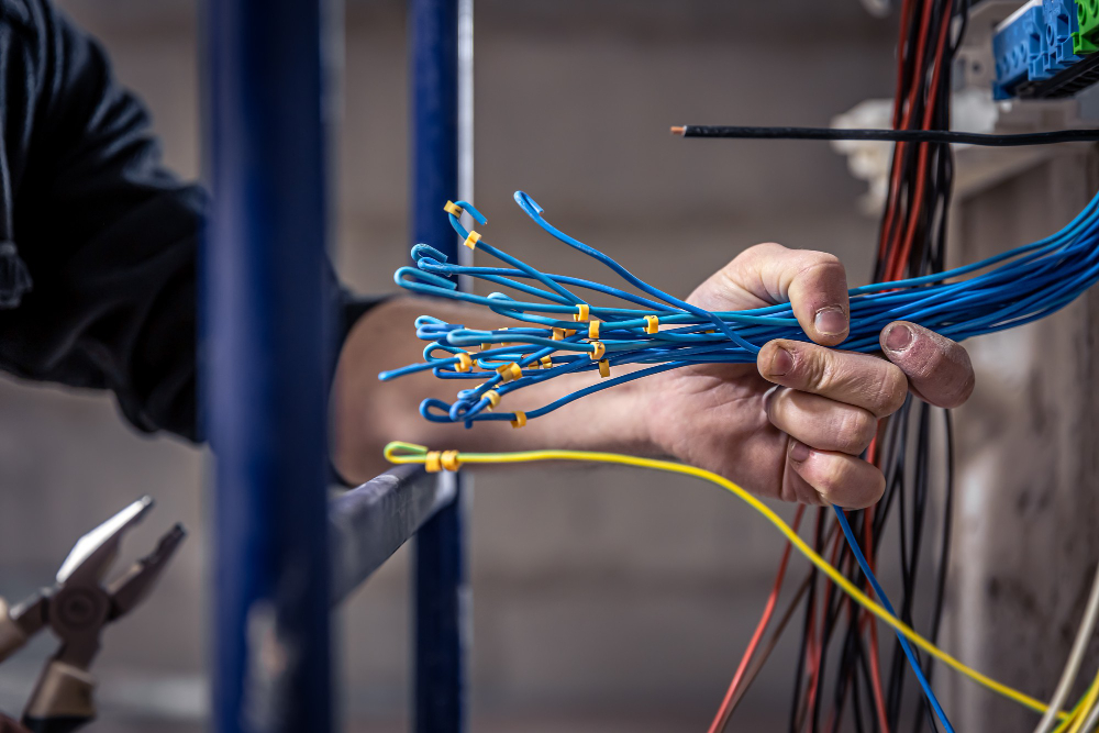a hand holding blue and yellow wires for fibre installation in Cape Town
